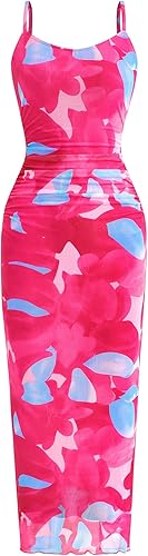 PRETTYGARDEN Summer Wedding Guest Dresses for Women 2025 Spaghetti Strap Mesh Bodycon Beach Floral Maxi Long Dresses