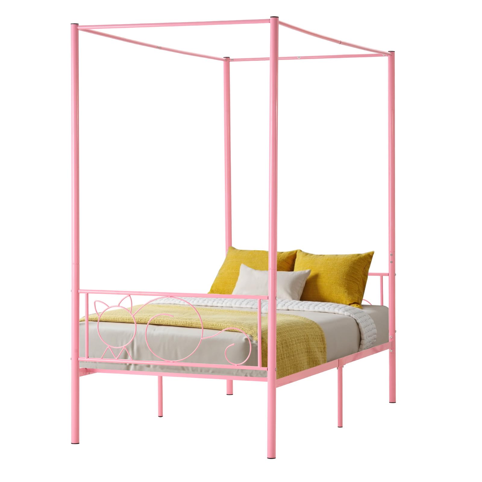 VEVOR Canopy Bed Frame Twin Size, Metal Canopy Bed with Minimalist Headboard & Four Posters Design, Heavy Duty Steel Slats Support, Underbed Storage