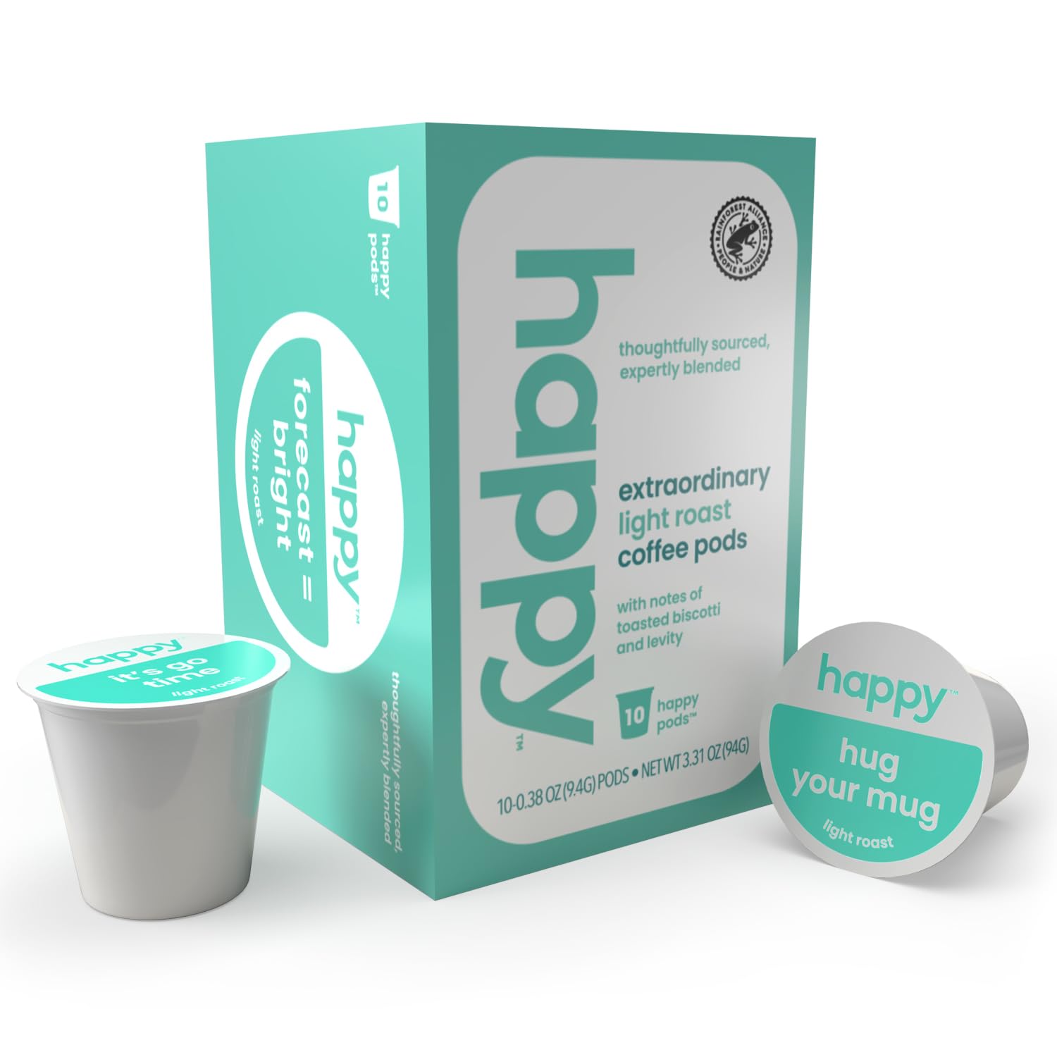happy coffee light roast coffee pods, 10 count, notes of toasted biscotti and levity, compatible with most K-cup brewers, rainforest alliance certified Light Roast 10 Count