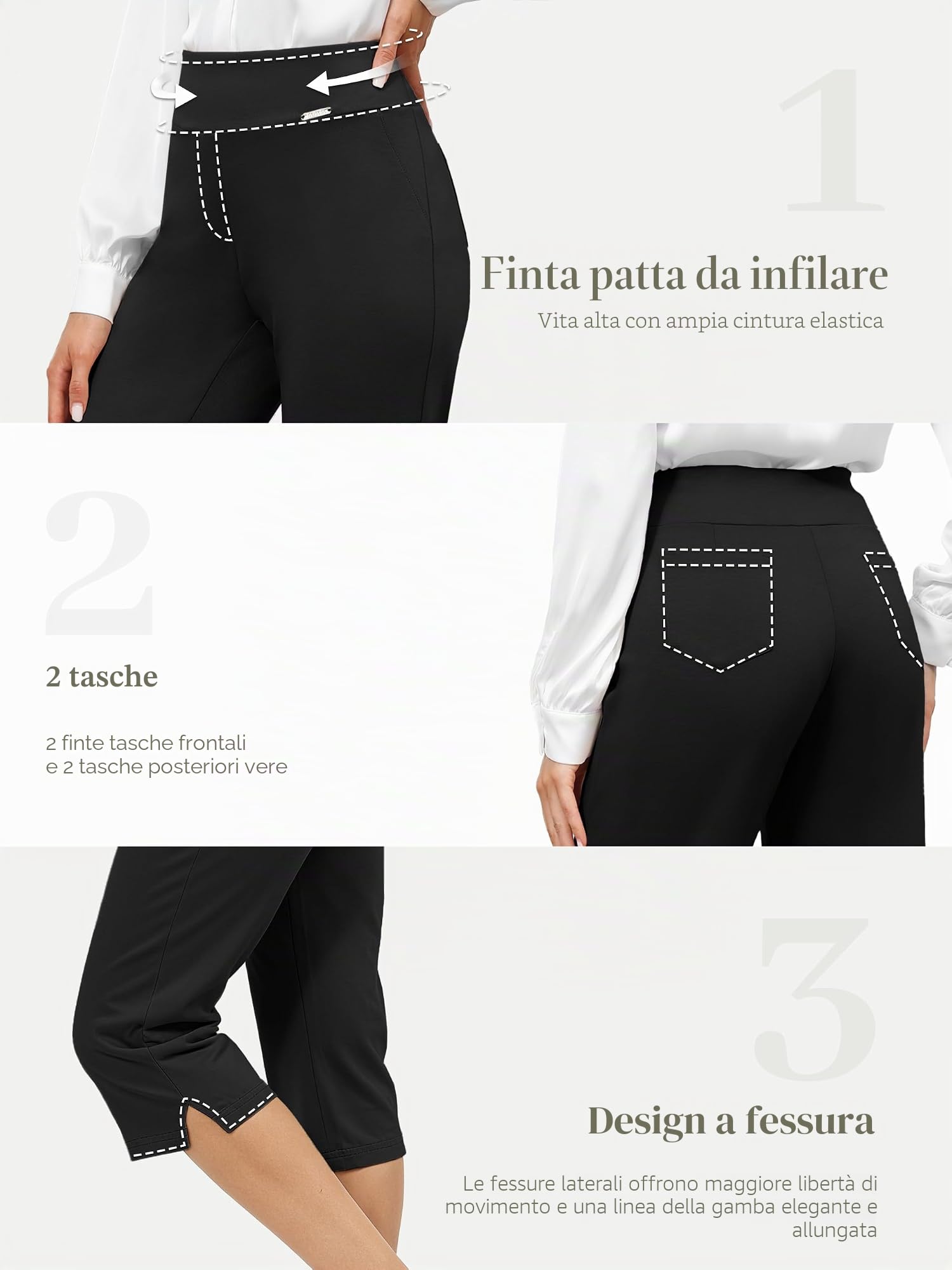 Tapata Pantaloni Donna 3/4 Vita Alta Elastico Tinta Unita Casual Estivi Comodi