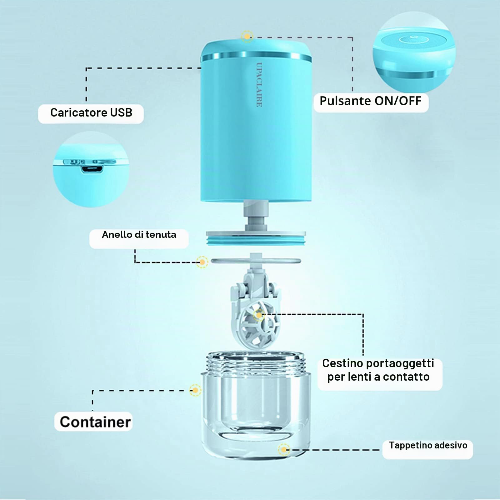 Pulitore ultrasonico 2.0 (2a generazione), macchina di pulizia intelligente per lenti a contatto morbide e rigide (RGP), blu