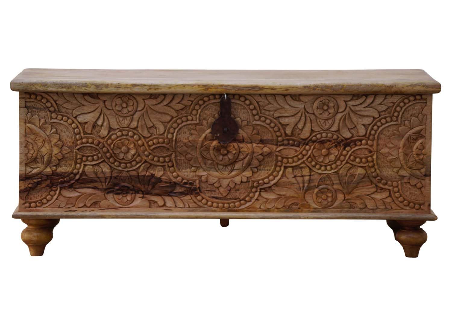 Wooden Carved Trunk, Wooden Carved Storage Trunk, Coffee Table with Storage, Center Table for Livingroom, Deccorative Box, Blanket Box, Storage Box, Floral Carved Design, Natural Mango Wood Finish-image-12