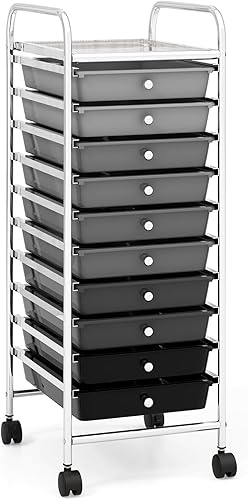 DREAMADE Carrito rodante con 10 cajones de almacenamiento, carrito utilitario con cajones de plástico extraíbles, ruedas con cerradura, carrito de