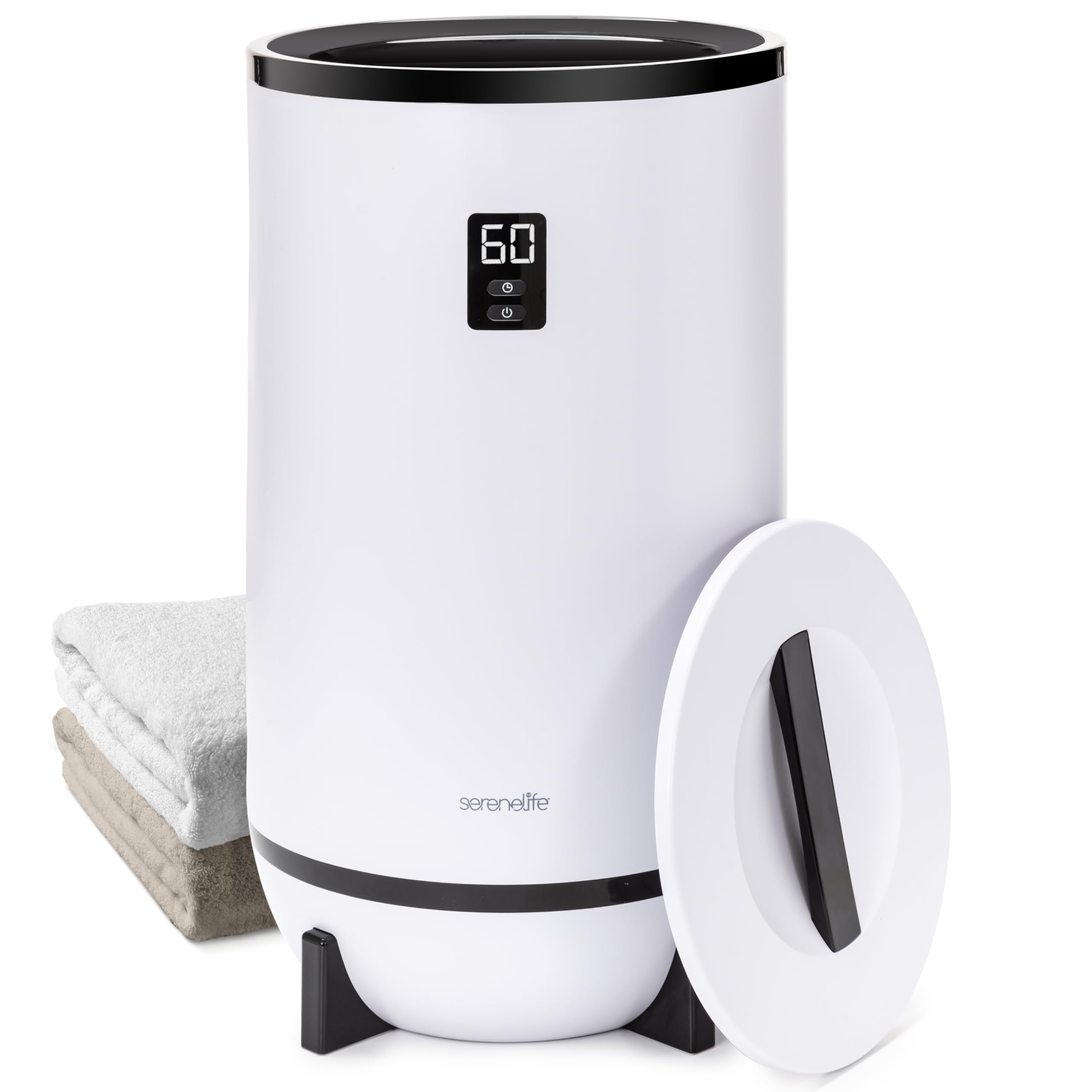 SereneLife Towel Warmer Bucket Style – Portable Blanket Heater for Spa and Bathroom, Large Capacity, Customizable Fragrance, Auto Shut-Off, Fits 2 Large Towels or Blankets, One-Touch Control, Black