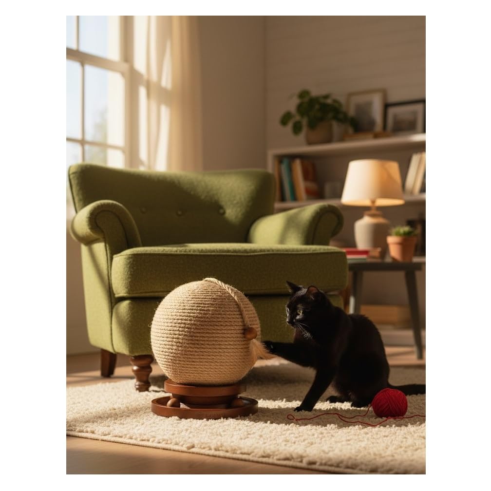 Balle à Griffer pour Chat Isabella en Jute avec Circuit à Balles et Plume, Bois de Pin, Brun, 21 x 25 cm
