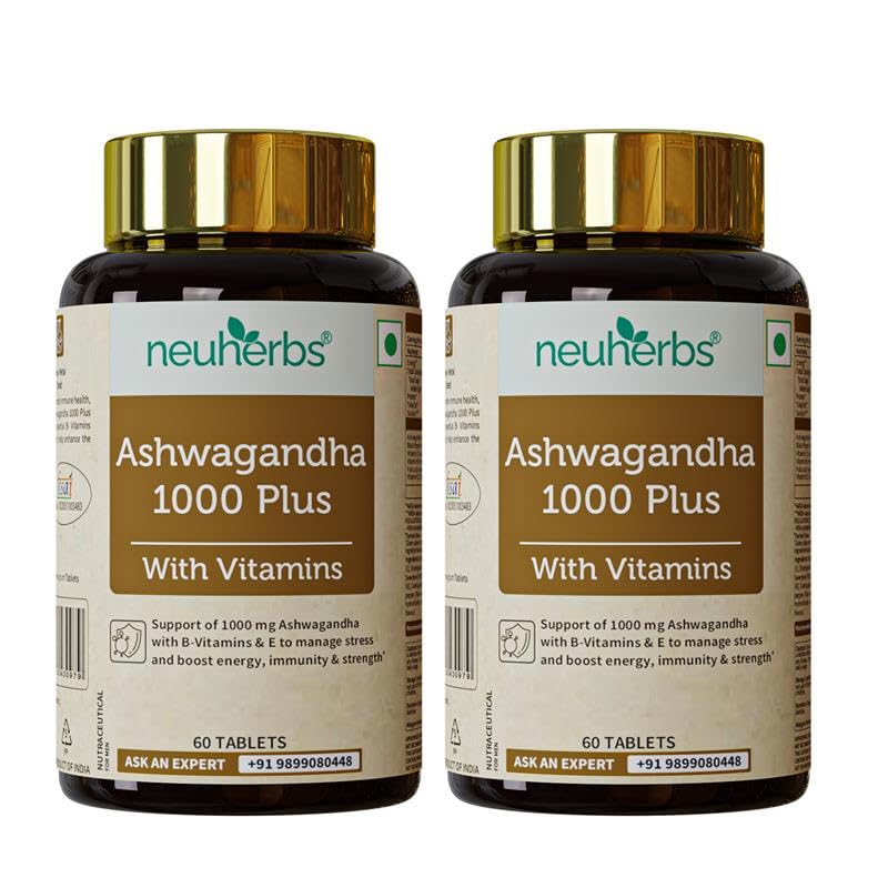 Neuherbs Ashwagandha 1000mg Tablets For Men & Women | Manage Anxiety & Stress Relief | Ashwagandha Supplements With Vitamin B6, B9, B12 & E To Boost Energy, Immunity & Strength - 60 Tablets (Pack of 2)