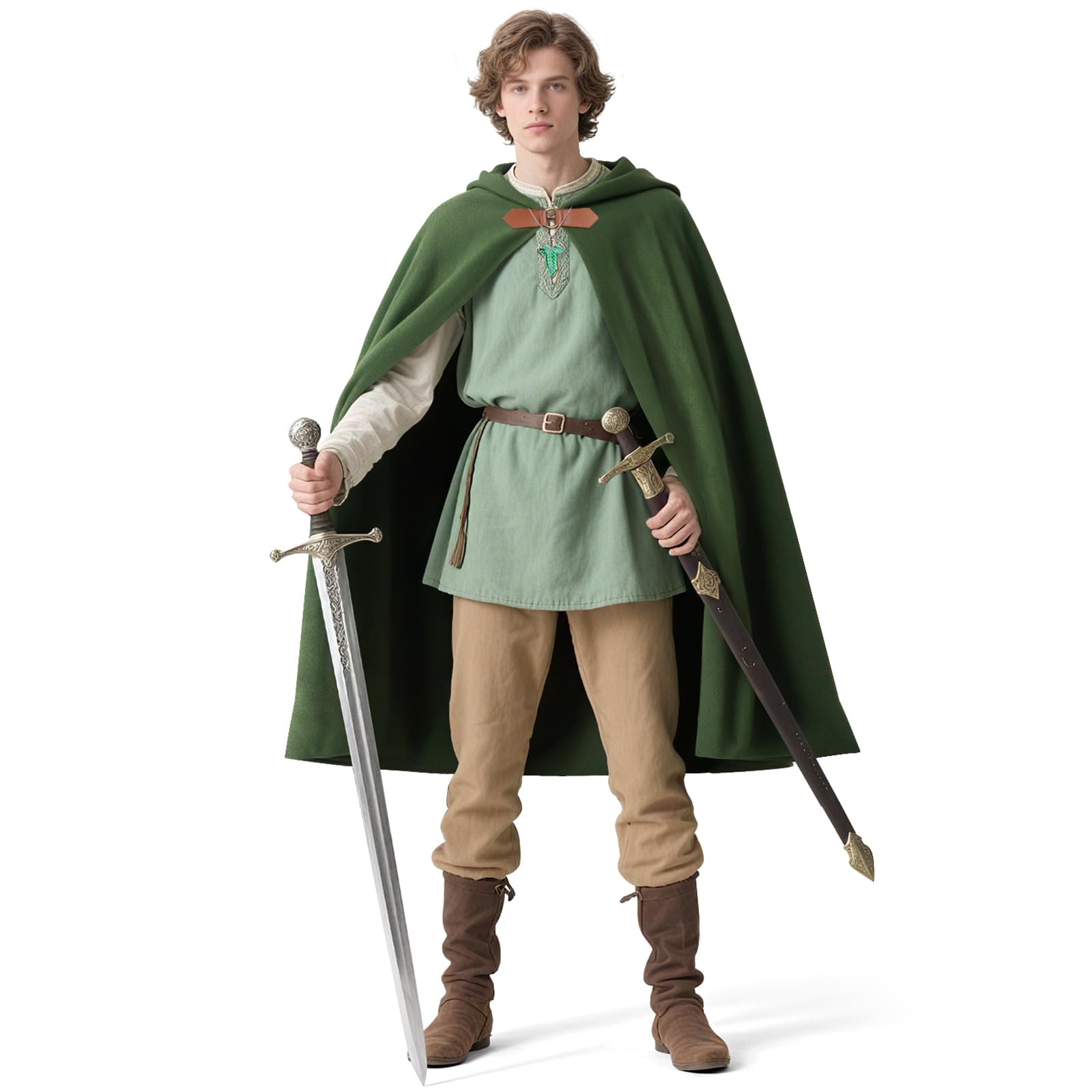 Medievale di Mantello con Cappuccio, Mantello Hobbit, 2PZ Mantella di Halloween per Donna Uomo con Collana, Renaissance Mantella per Adulti per Halloween Halloween Cosplay, 100CM