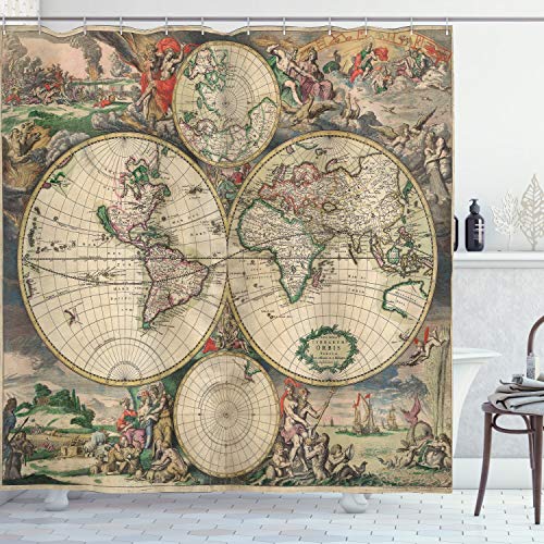 ABAKUHAUS Carte du Monde Rideau de Douche, Art Antique Vintage, Tissu Ensemble de Décor de Salle de Bain avec Crochets, 175 cm x 200 cm, Multicolore