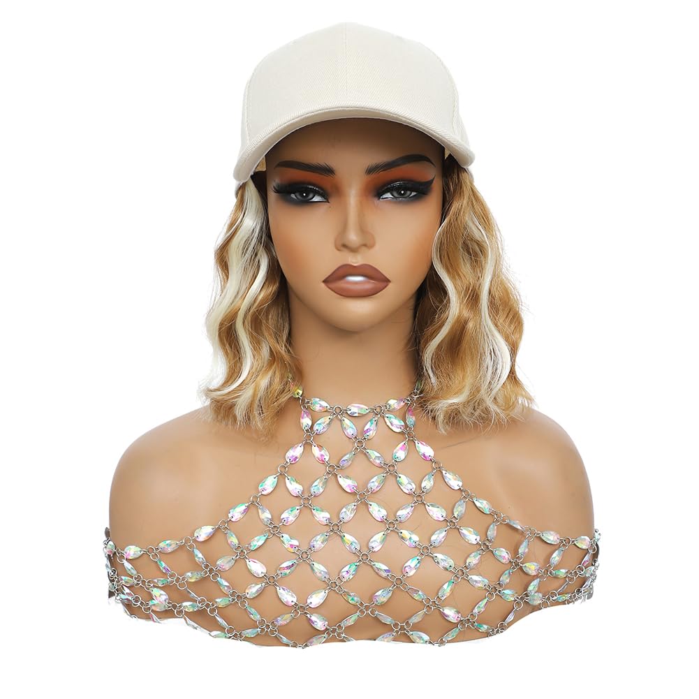 GUOJIAN Hat Wigs for Women 6' Short Wave Baseball Cap Wigs with Curly Hair Extensions Synthetic Wave Wig Adjustable Hat with Hair Attached for Daily Use (W27/613, 6inch)