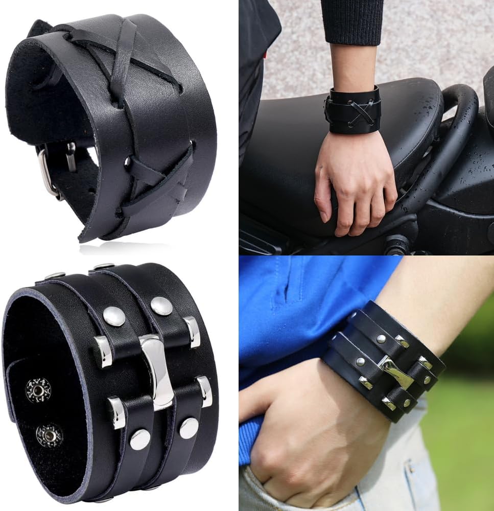 Wide Leather Cuff Bracelet, 2PCS Black Braided Leather Wristbands for Men Women - Image 5