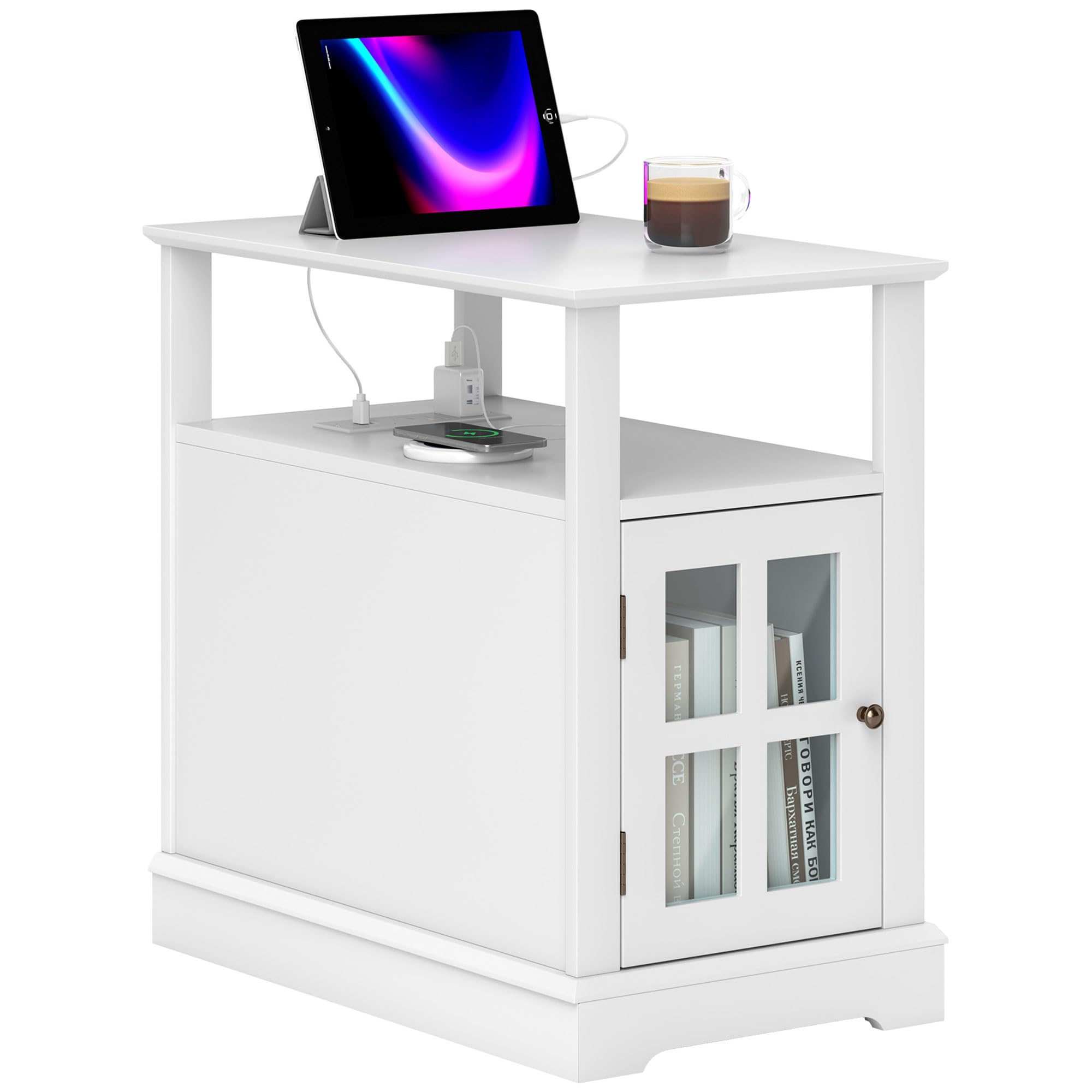 HOMCOM End Table with Charging Station, Narrow Side Table with USB Ports and Outlets, Small Table with Hidden Storage and Open Shelf for Living Room, White