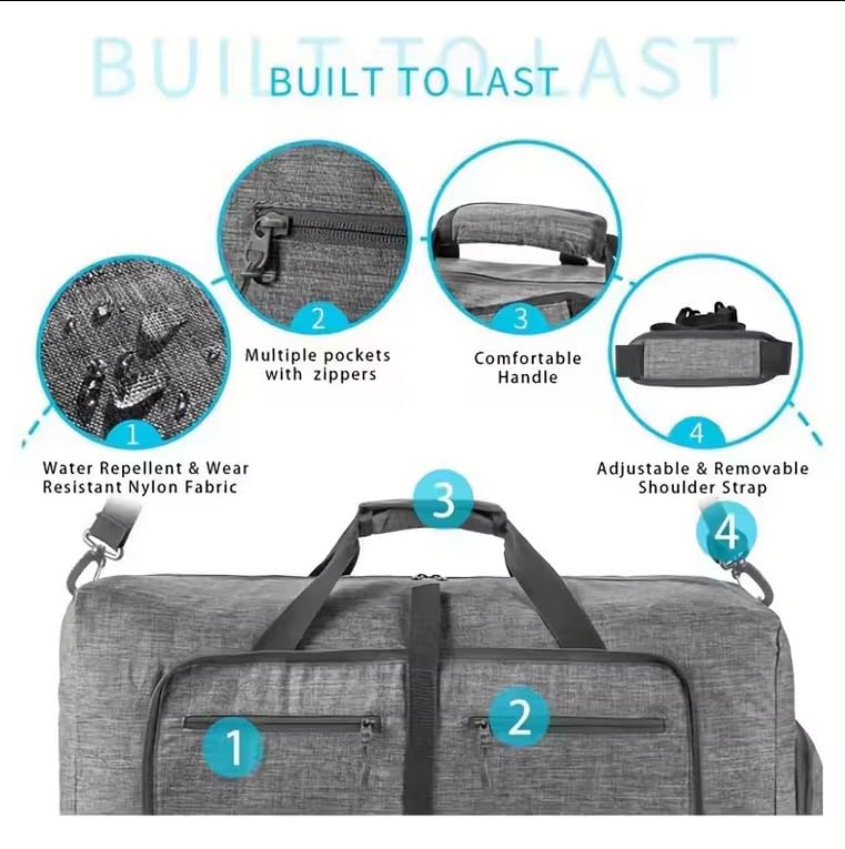 travel Duffle Bag, 65L Foldable Travel Duffel Bag with Shoes Compartment Overnight Bag (GRAY COLOR)3