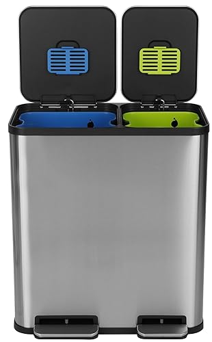 Simpli-Magic 18.5 Gallon (40L x 30L) Dual Compartment Step Trash Can – Kitchen Garbage Can with Waste & Recycling Bins – Slow-Close Lid, Odor Control, Hands-Free, Stainless Steel - 70L