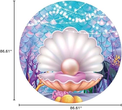 Miniatura 9 de Laeacco Telón de fondo redondo de sirena de concha de perla de 6.5 x 6.5 pies, con perlas brillantes, escamas de sirena, cubierta de telón de fondo