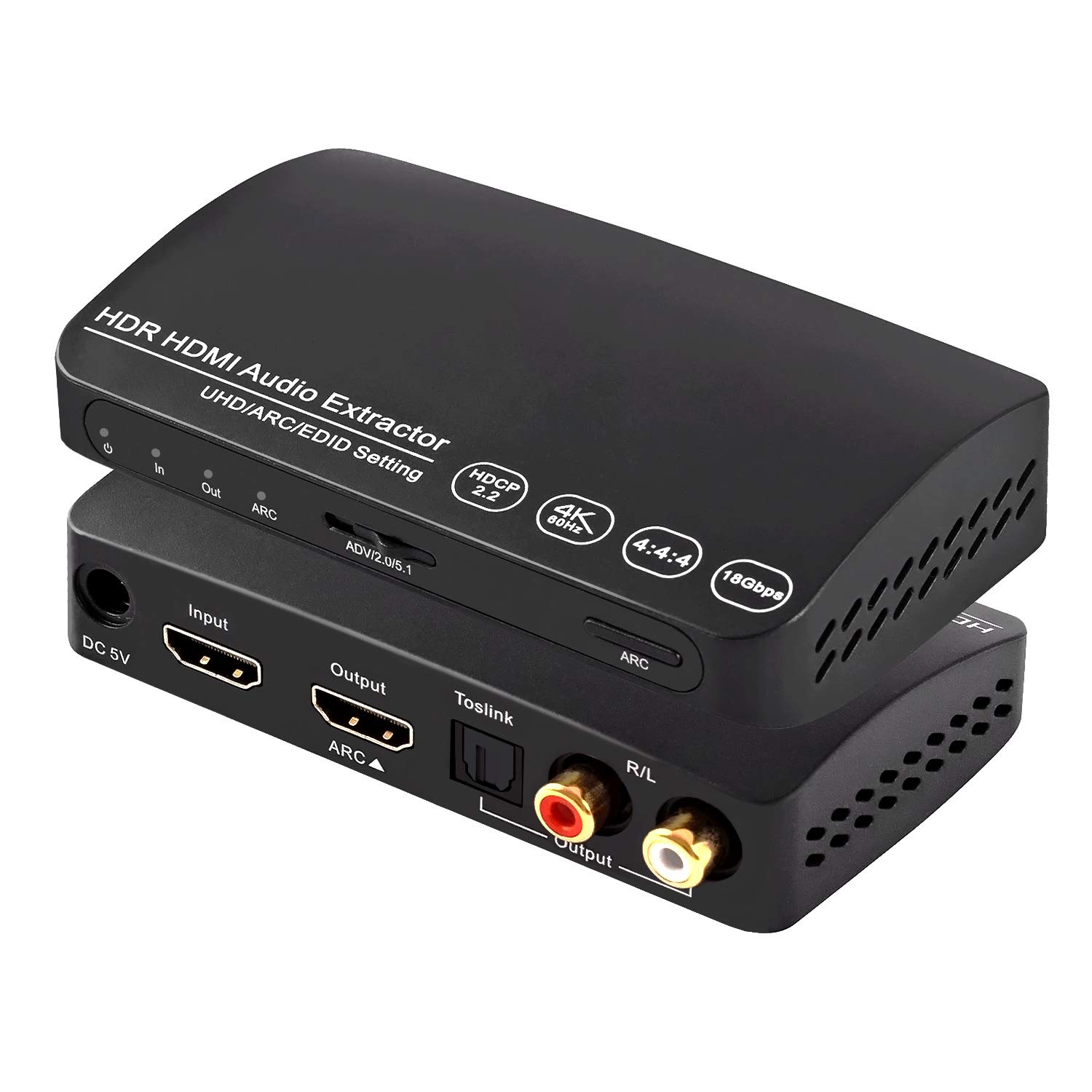 4K@60Hz HDMI 2.0 Audio Extractor Converter, ROOFULL HDMI to HDMI + Optical (Toslink/SPDIF) + RCA (L/R) Stereo Audio Out, Support HDR10, HDCP 2.2, Dolby-AC3/DTS Passthrough CEC, 18Gbps Bandwidth
