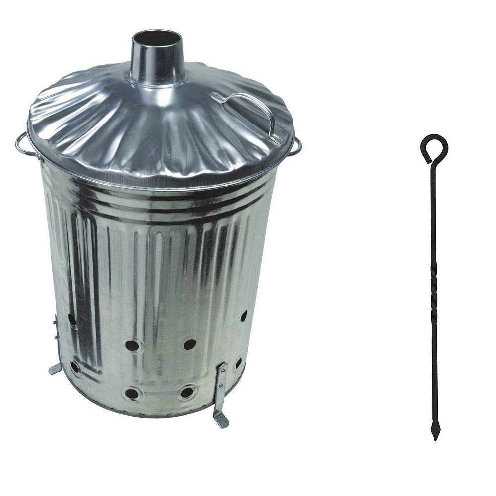 Srendi® Small Medium Large 15L 60L 90L Litre Metal Galvanised Garden Incinerator Fire Bin Burning Leaves Paper Wood Rubbish Dustbin Shovel and Poker Made in U. K. (90L INC+Poker)