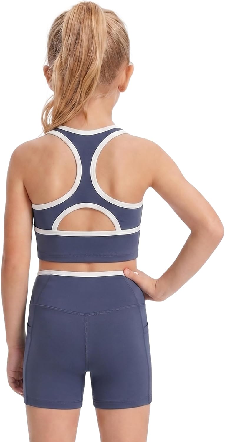 IMEKIS Girls Workout Athletic Set Racerback Outfit | Color block crop tank top and high waisted biker shorts, lightweight stretchy activewear sets for workout, cheer gymnastics