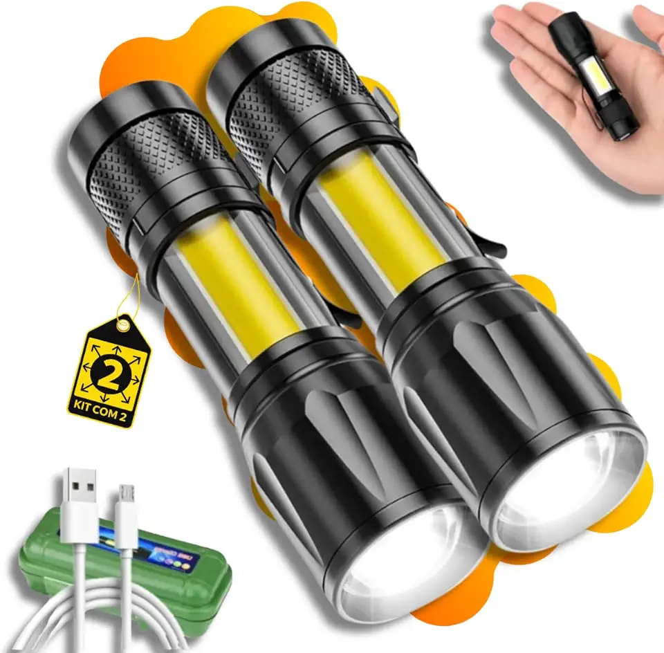 Kitr com 2 Mini lanterna táticas recarregáveis USB. LED super forte, corpo em alumínio, zoom com longo alcance e estojo para armazenar – Qualidade Premium LNSTORE