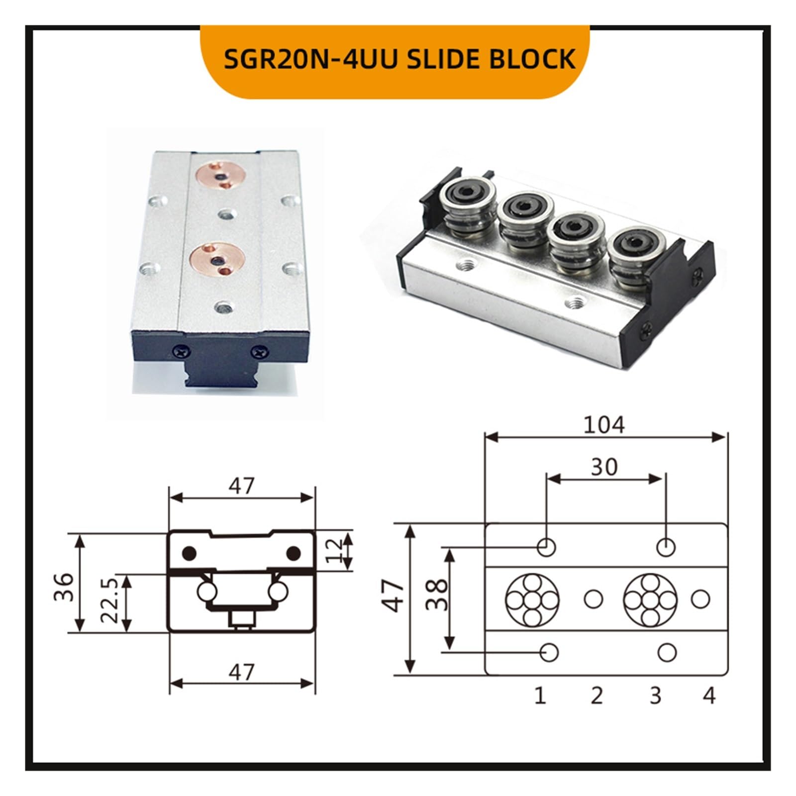 Carril lineal de doble eje incorporado, 47mm, SGR20N, 300~1400mm, deslizador rodillos, ruedas SGB20N, bloque deslizante rectangular for carpintería | SGB20N-3UU Block