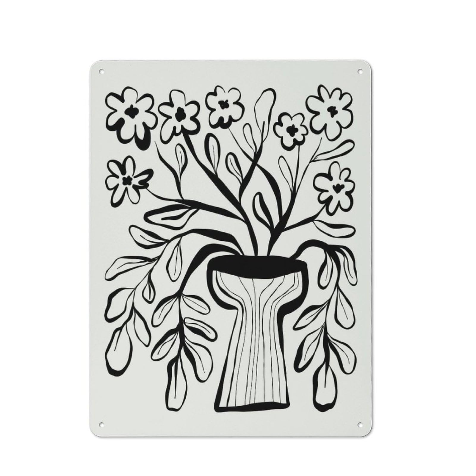 Junmoney Style-12 Metal Wall Sign 40X30cm Featuring Black And White Floral Vase Illustration For Living Room Wall, For Metal Sign Collectors, For Garage And Workshop Walls