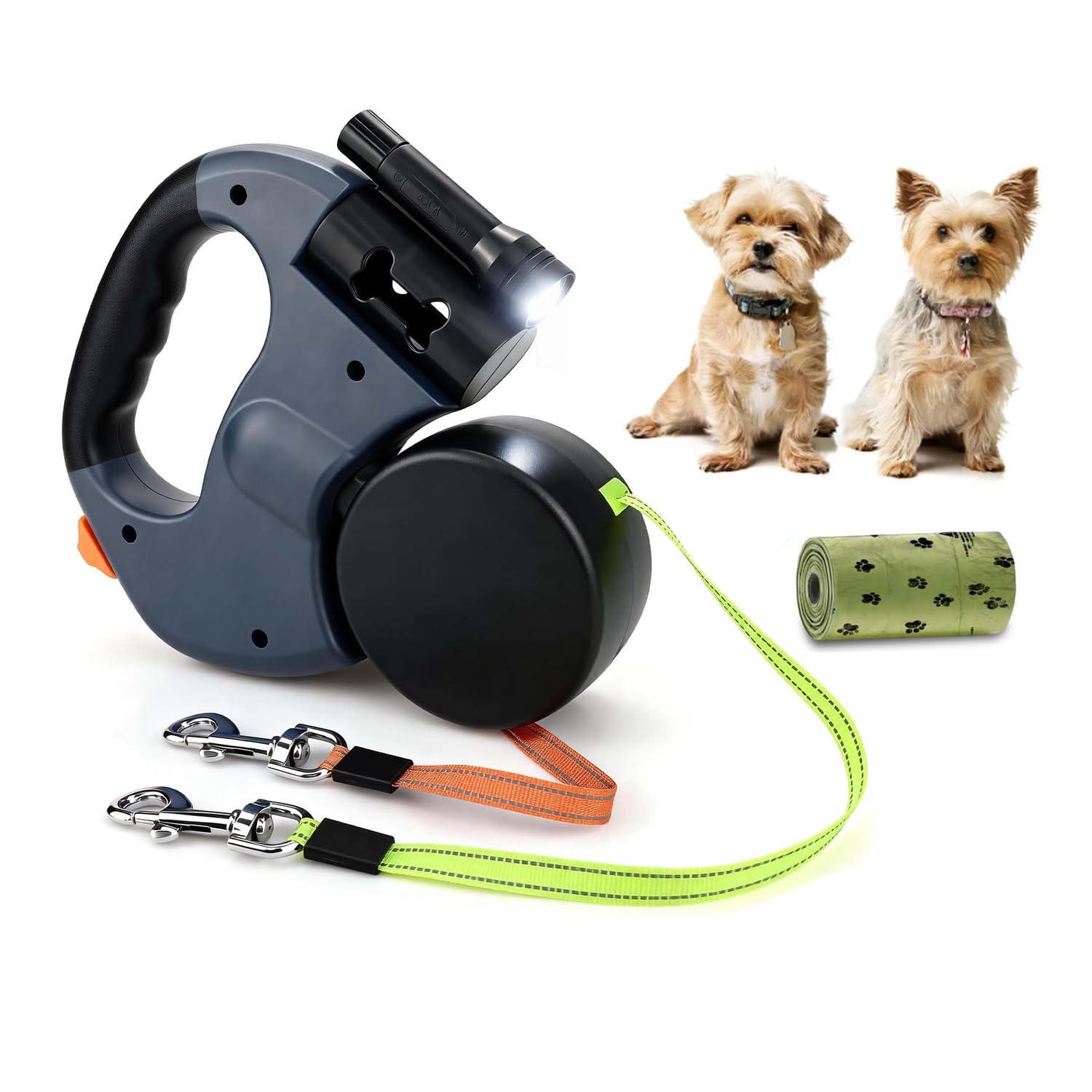 Dual Retractable Dog Lead with LED Light & 360° Tangle-Free Nylon Lead, Rechargeable Flashlight & Built-in Poop Bag Dispenser, Perfect for Night Walks for Two Dogs up to 22lb Each