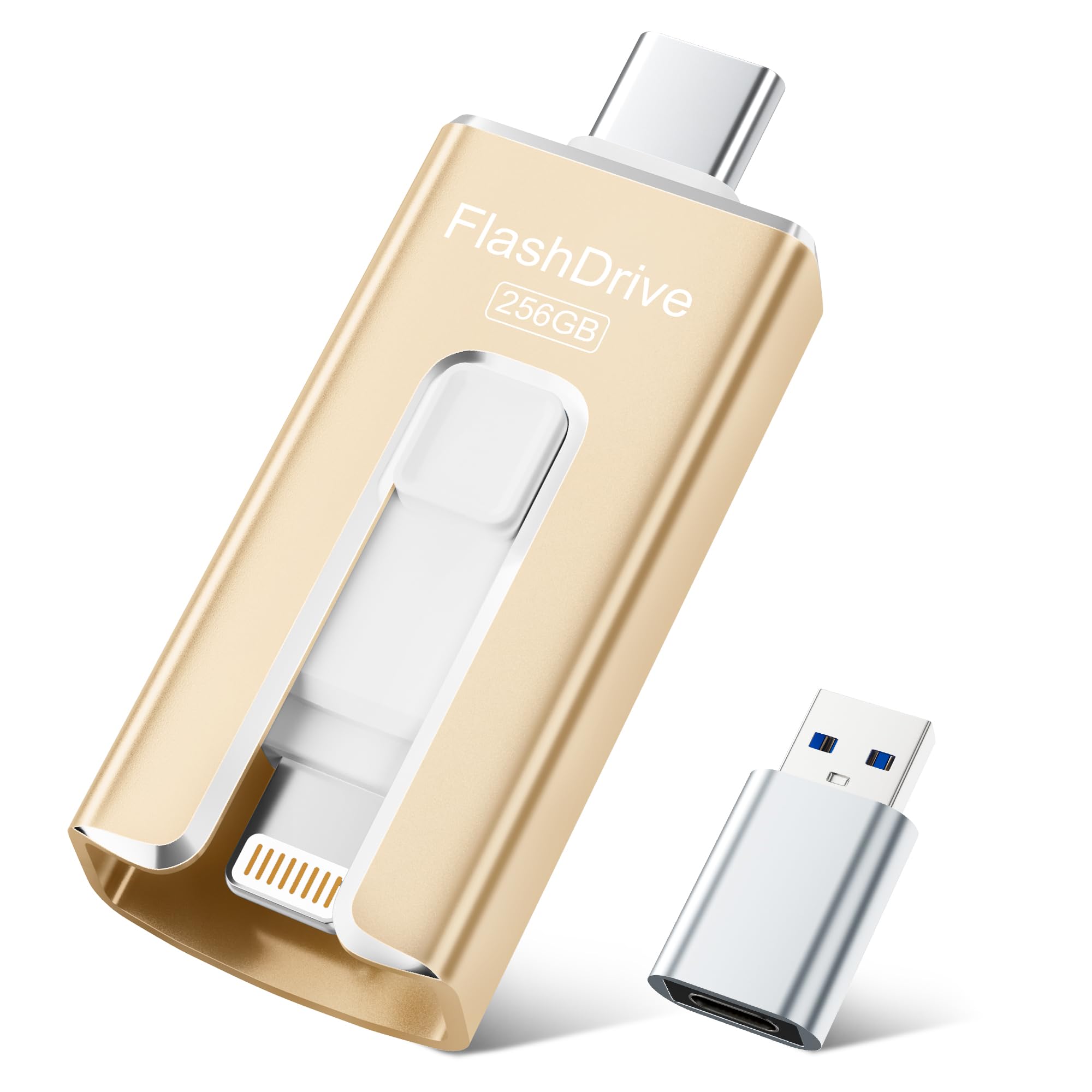 SUDEHO Chiavetta USB-C da 256 GB, chiavetta USB per iPhone, MFi certificata (oro) | Design 3 in 1 per iPhone, iPad, USB-C, Android e PC. Trasferimento ad alta velocità di foto, video e file.