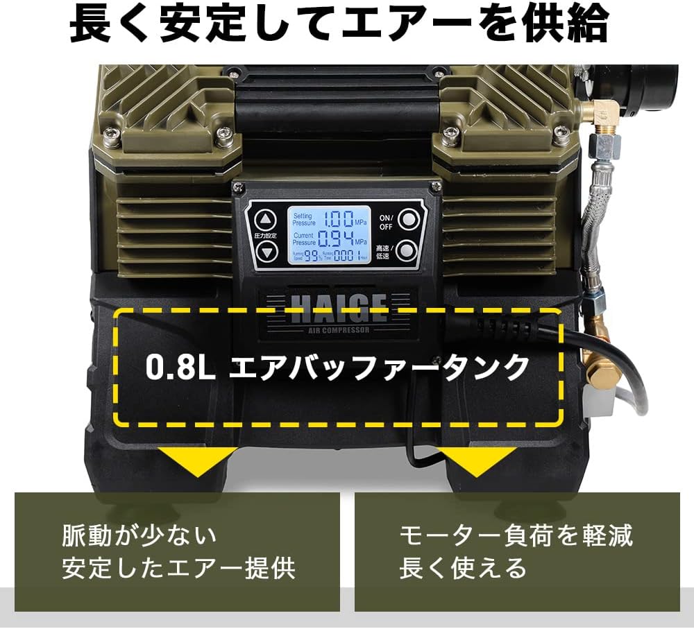 Haige ハイガー 2馬力 100v Hg Dc992 オイルレス コンプレッサー デジタル液晶モニター ブラシレス 出力1500w 吐出空気量162l 最大圧力1 0mpa 静音 限定版 静音