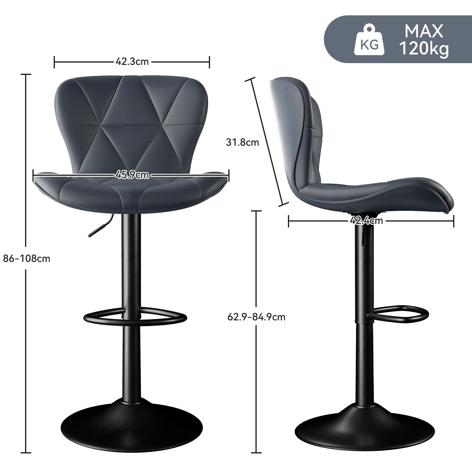 Hawthyhome Barhocker 2er Set Höhenverstellbar mit Lehne Dunkelgrau | 360° Drehbar, Kunstlederbezug, Fußstütze, Barstuhl, Kücheninsel, Heimbar, Esszimmer, BarHocker