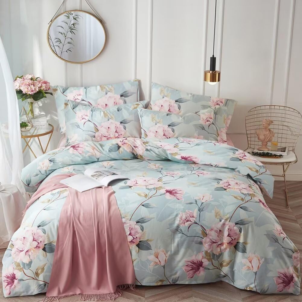 Ruffe King Garden Flower Print Lace Duvet Cover 100% Cotton Girls Floral Reversible Pink Striped Ruffle Comforter Cover with Zipper