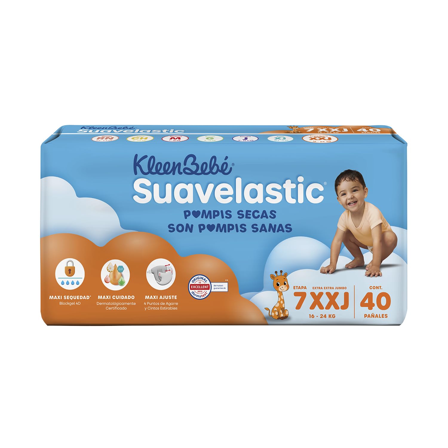 KleenBebé Suavelastic Pañal Desechable para Bebé, Talla Extra Extra Jumbo, Unisex, Bolsa con 40 Piezas, Ideal para Bebés de más de 13.5 kg