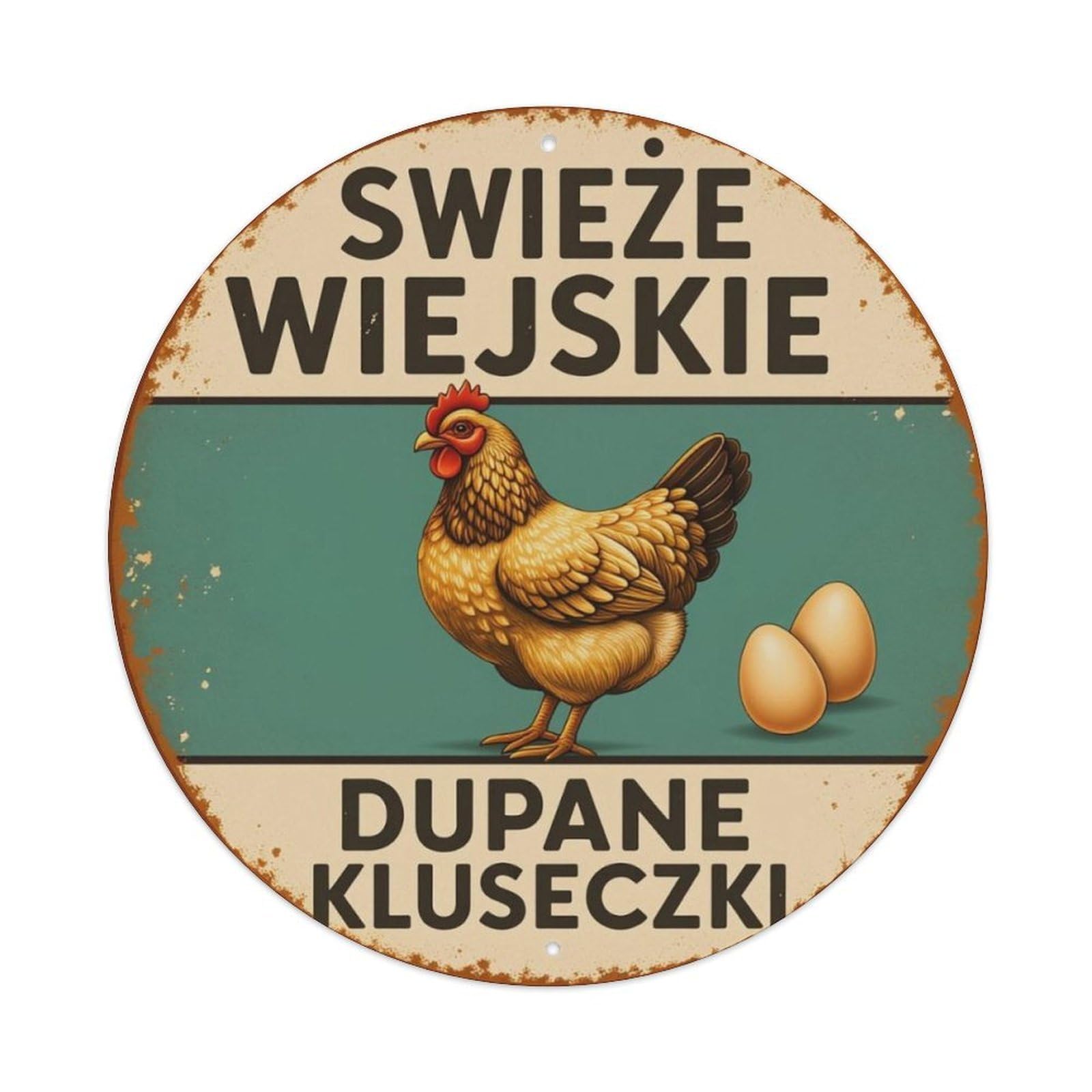 Polish Fresh Farm Hen Eggs Vintage Round Tin Sign Vintage Aluminium Metal Sign, Retro Wall Decor for Home, Bar, Garage & Farmhouse 20x20cm