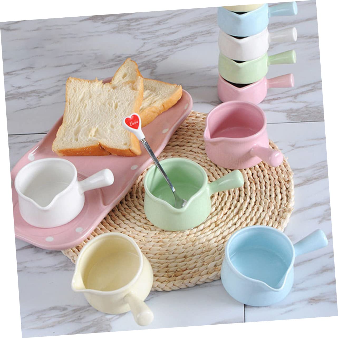 Lot de 5 Petits Pichets à Lait en Céramique 100ml avec Poignée, Design Polyvalent et Bec Unique pour Restaurant ou Café