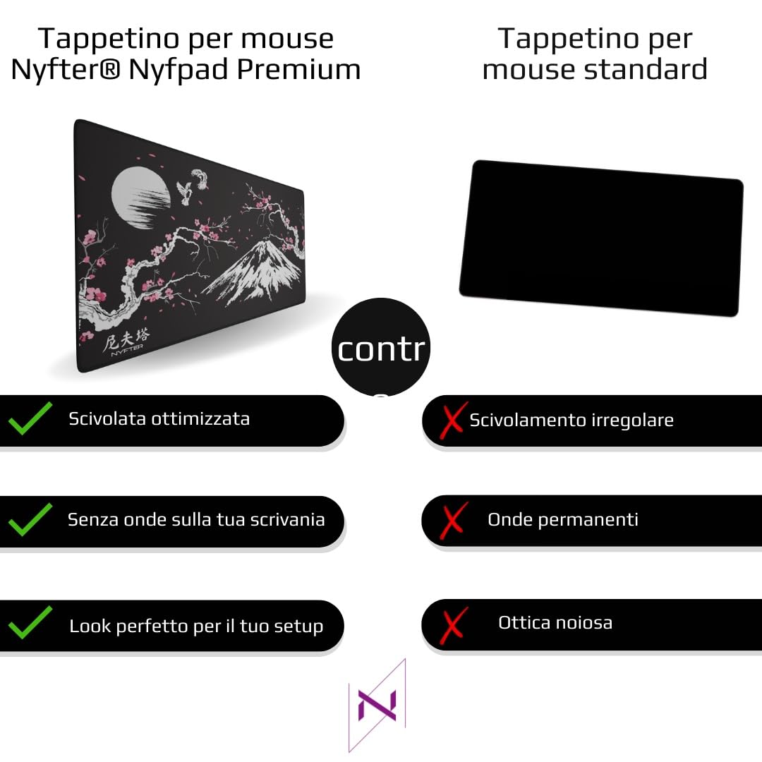 Nyfter Tappetino per mouse da gioco XXL, Sakura, nero, 900 x 500 mm, di alta qualità, con bordi cuciti grandi, durevole, con scorrevolezza di alta qualità e antiscivolo