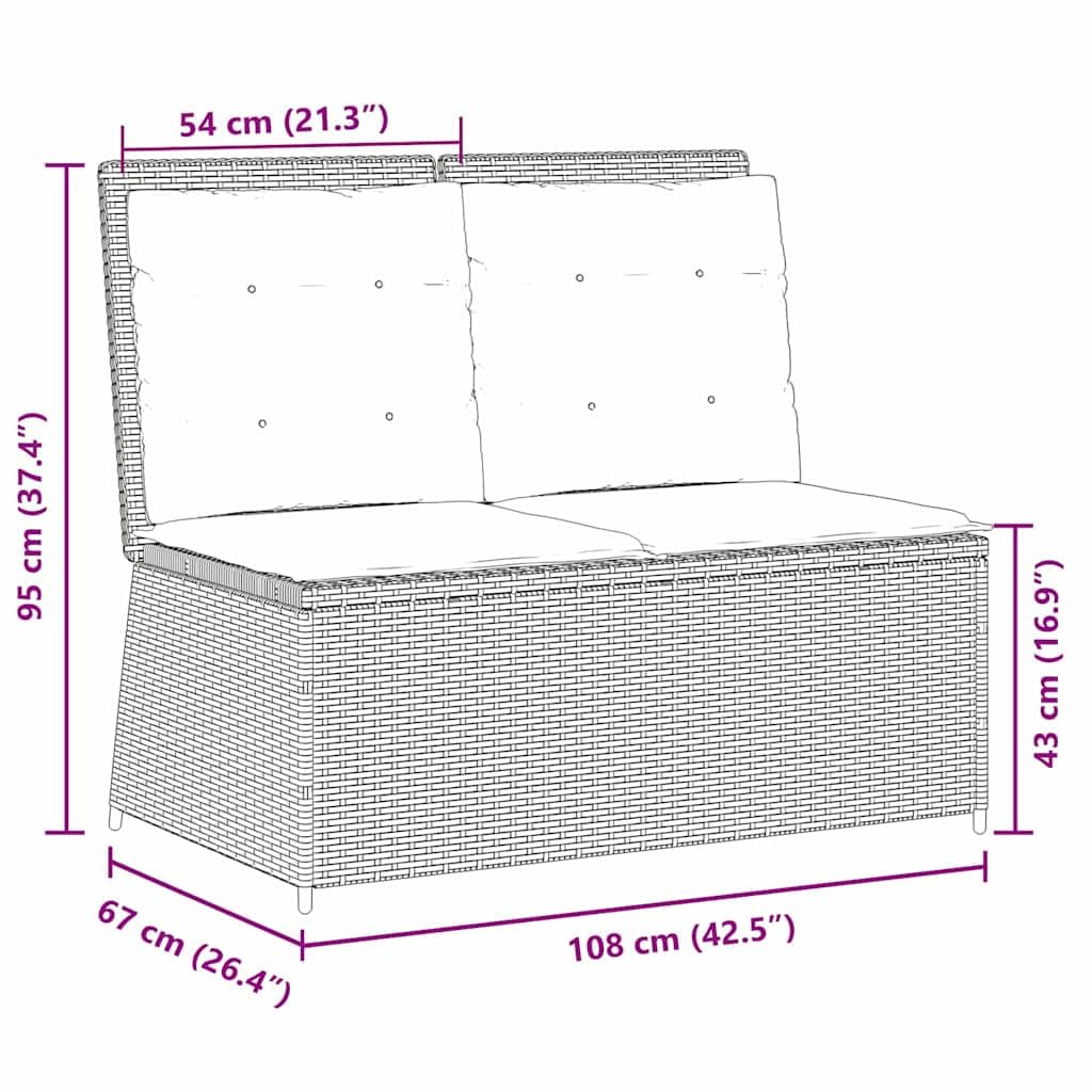 Panchina da Giardino Reclinabile 2 Posti in Polyrattan Nero | Pannello dello schienale regolabile e struttura in acciaio per relax su terrazzo e patio con cuscini sfoderabili.
