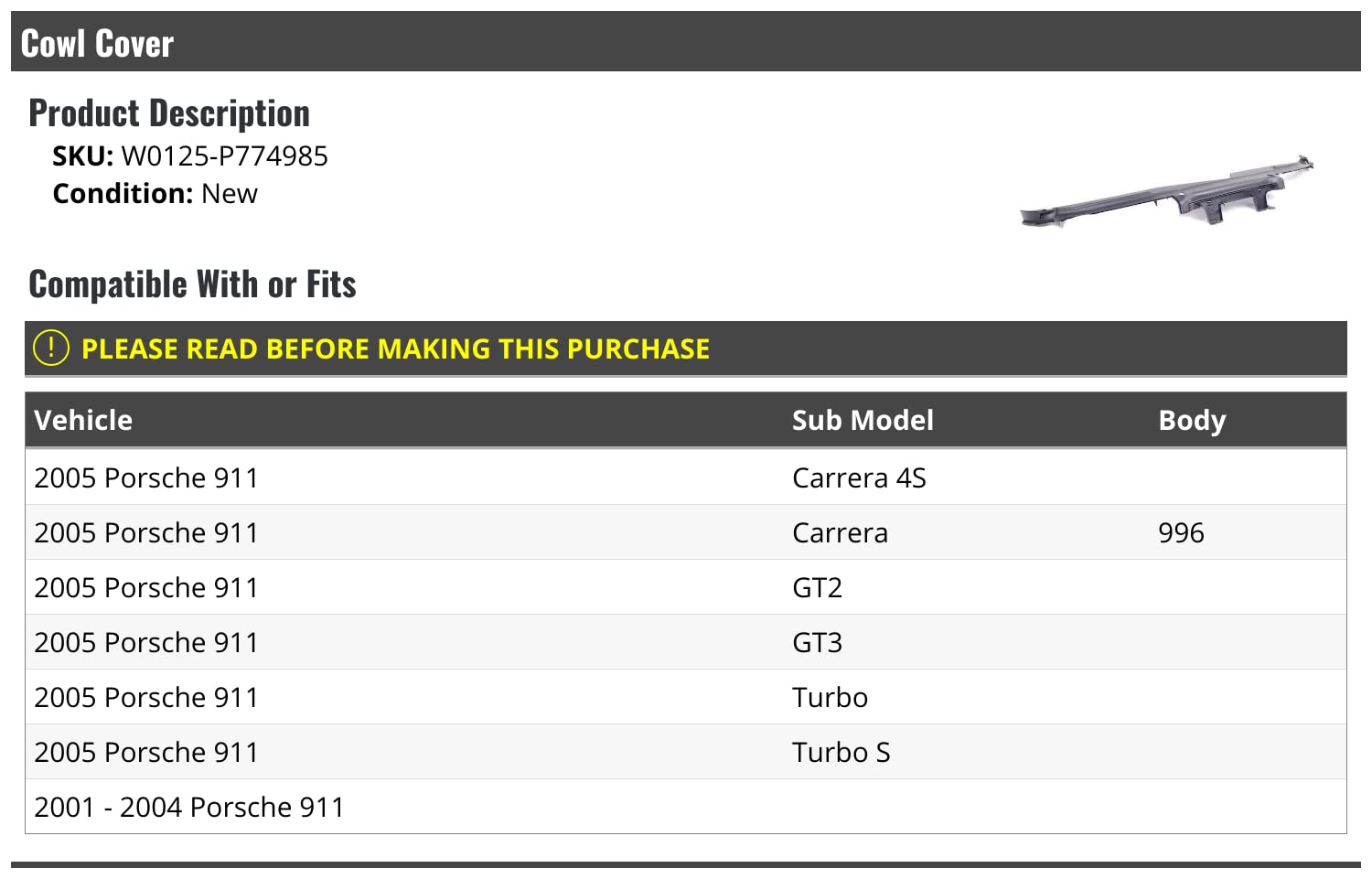 Marketplace Auto Parts - Cowl Cover - Compatible with 2001-2005 Porsche 911 996