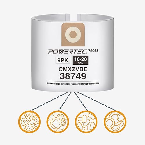 Miniatura 2 de POWERTEC 75068-P3 Paquete de 9 bolsas de filtro para aspiradora Craftsman de 16 a 20 galones, repuesto para bolsas de recolección de polvo para