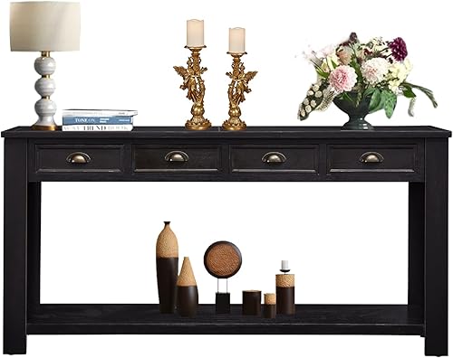 kinbor Mesa de sofá larga  Mesas consola negra de 60 pulgadas para sala de estar, mesa de pasillo con 4 cajones, mesa de entrada de madera moderna