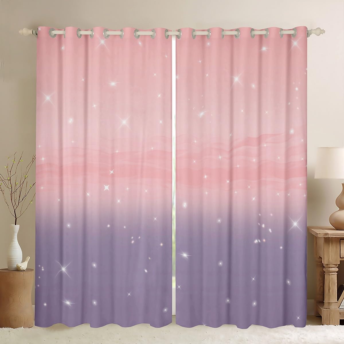 Homemissing Pink and Purple Ombre Curtains for Bedroom Living Room Rainbow Girls 30%-50% Blackout Curtains for Kids Colorful Window Drapes Glitter Window Treatments W66*L90