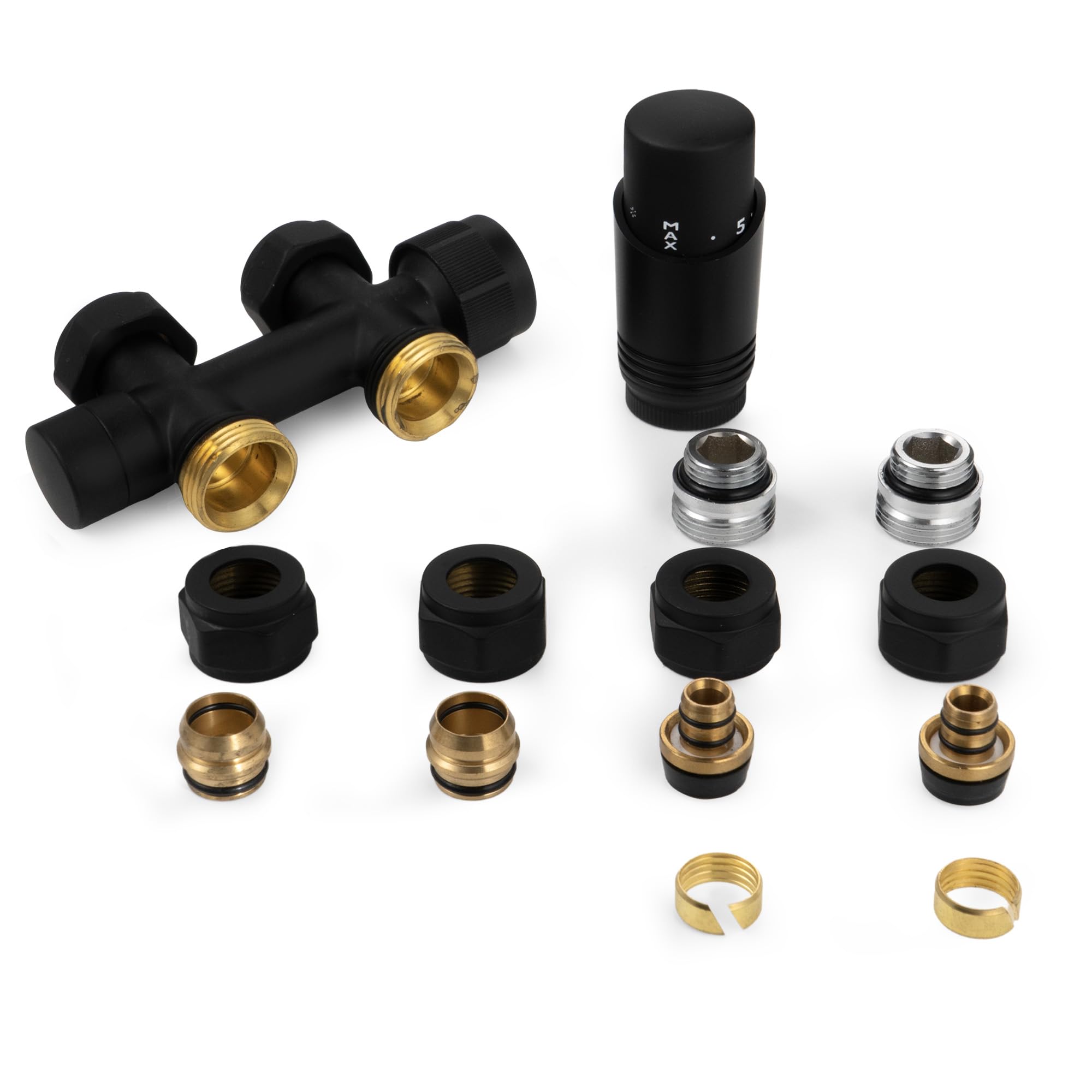 VANCOCO 2 pezzi multiblocco con termostato per radiatori 50 mm distanza mozzo, blocco rubinetto, rubinetti valvola a forma di passaggio con cono europeo per tubi in plastica Ø 16 × 2 mm e diametro 15