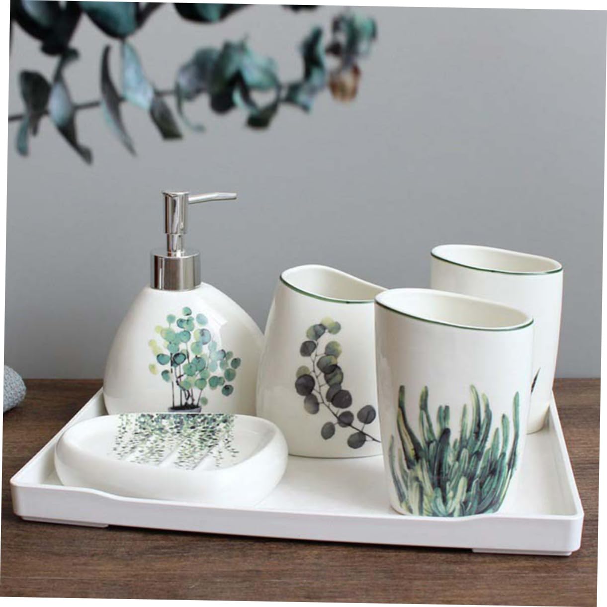 WOONEKY 5 pezzi Accessori per Bagno in Ceramica Verde Include Bicchieri Porta Spazzolino Dispenser Lozione e Portasapone Design Compatto e Superficie Liscia Facile da Pulire per