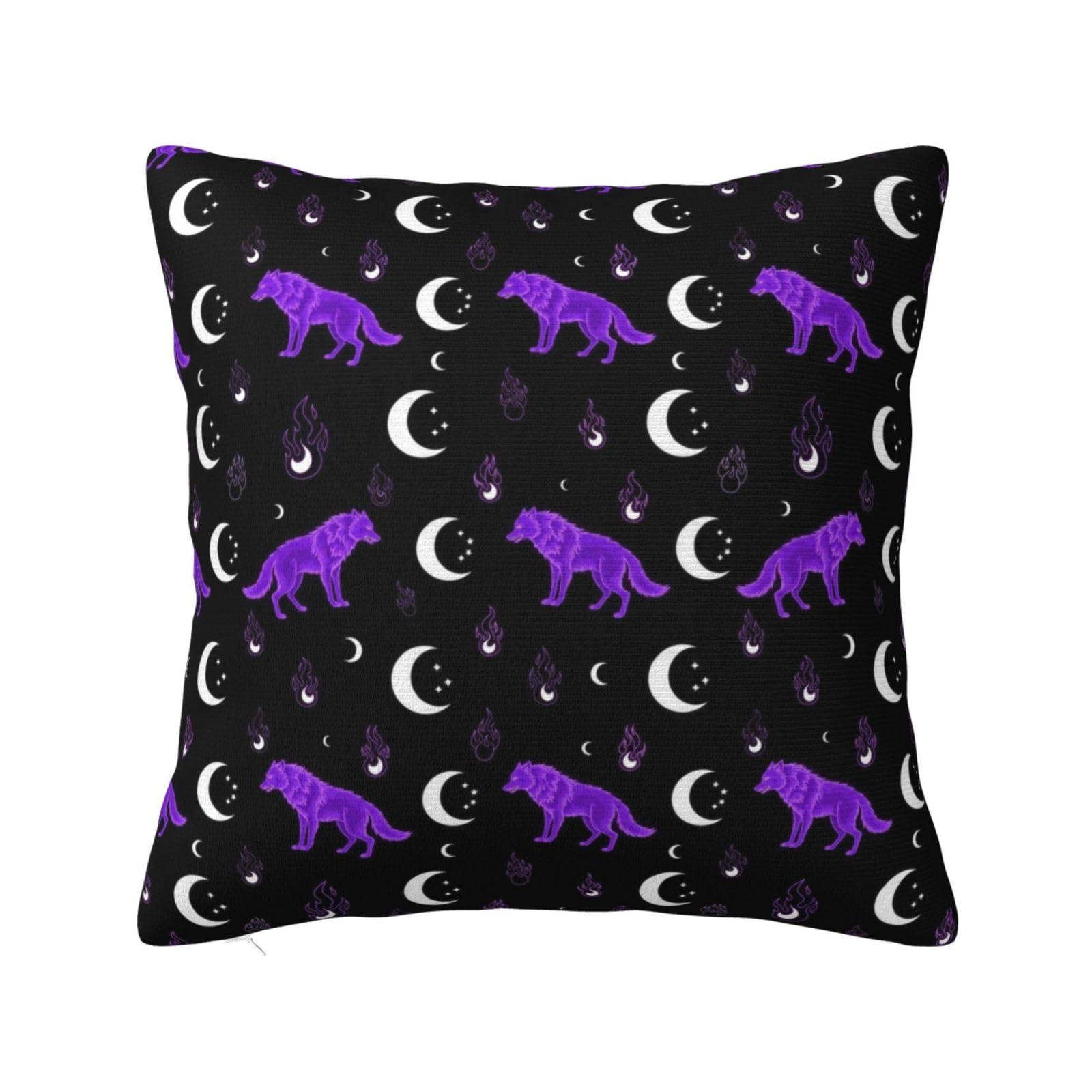 Single Plush Square Pillow Cover, Mystical Goth Fire Dark Purple Galaxy Foxes Moon Black, Ultra Soft Decorative Cushion Case for Sofa Bedroom and Living Room, Elegant Throw