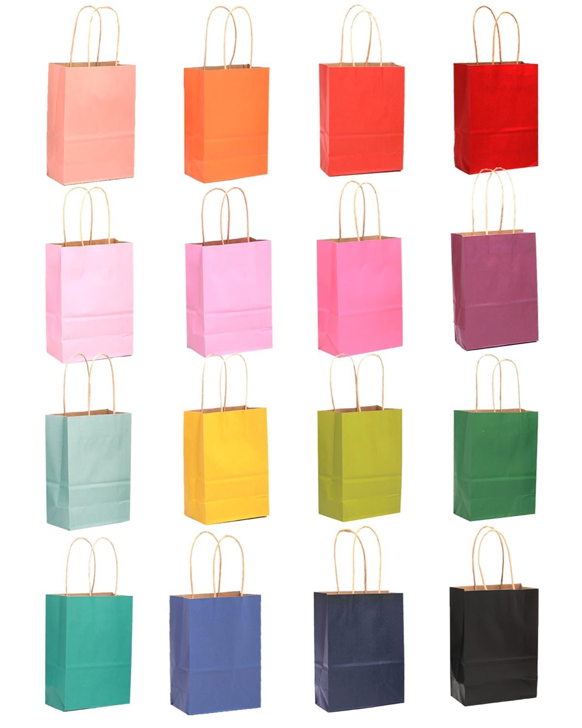 qiqee 100 szt. papierowych torebek na prezenty w rozmiarze mini z uchwytami - 10 x 6 cm × 15 cm małe torby imprezowe - 16 jednolitych kolorów