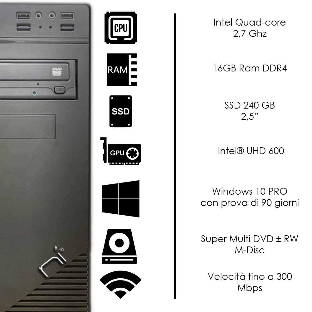 Computer Desktop assemblato quad-core 16gb ram DDR4 ssd 240 gb windows 10 pro preinstallato wifi incluso hdmi