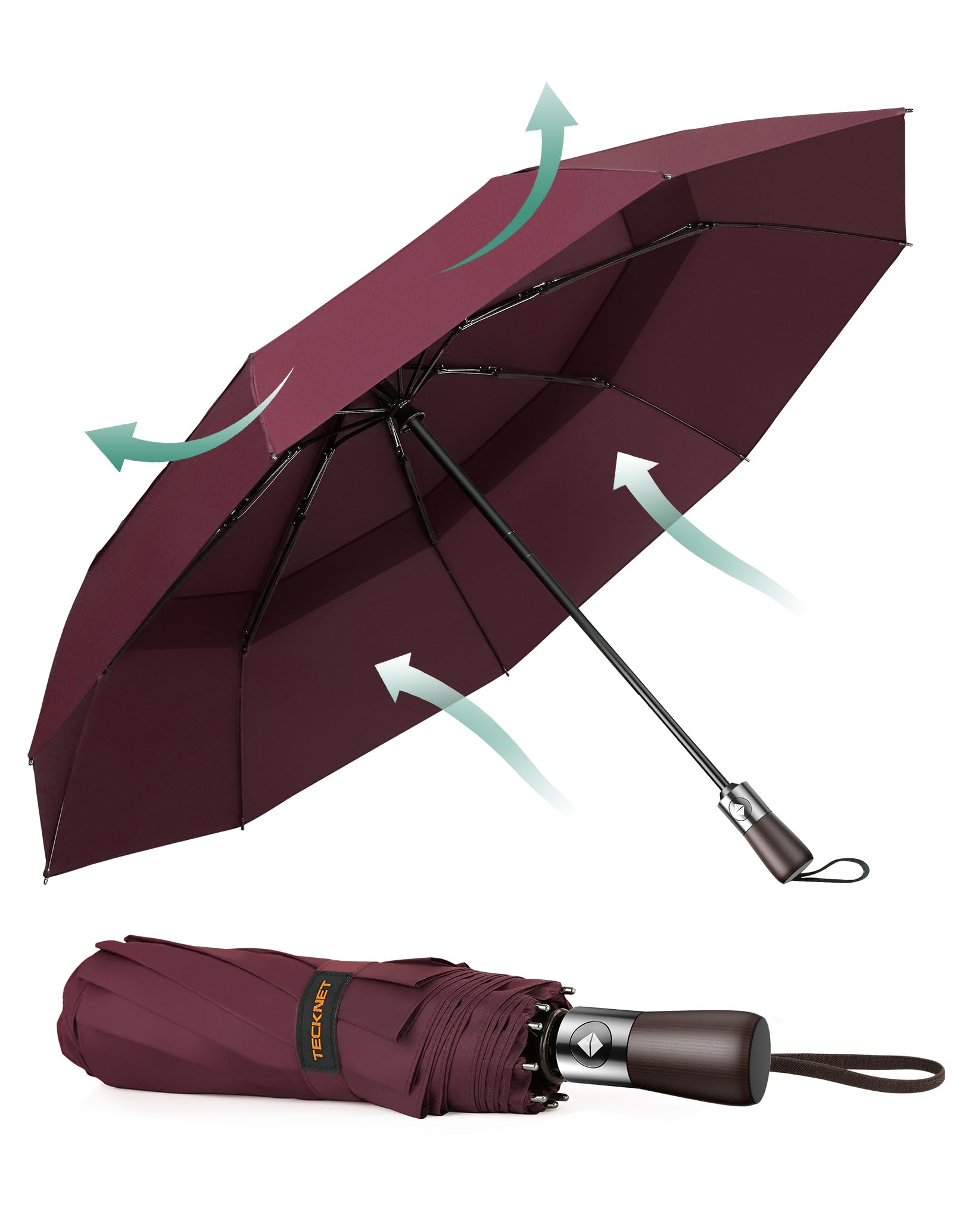 TECKNET Umbrella Windproof Strong Real Wood Handle Auto Open Close Vented Double Canopy - Portable Compact Folding Travel Umbrella, Strong Fiberglass Frame for Men and Women