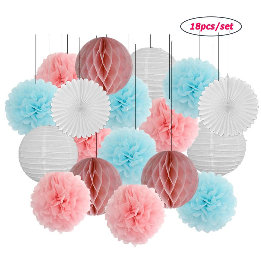 Linternas de Papel, Juego de farolillos de papel redondos morados y blancos for fiesta de cumpleaños número 18, for bautizo de bebé, bricolaje, abanico de papel, decoración for bodas, pompón(Black Set
