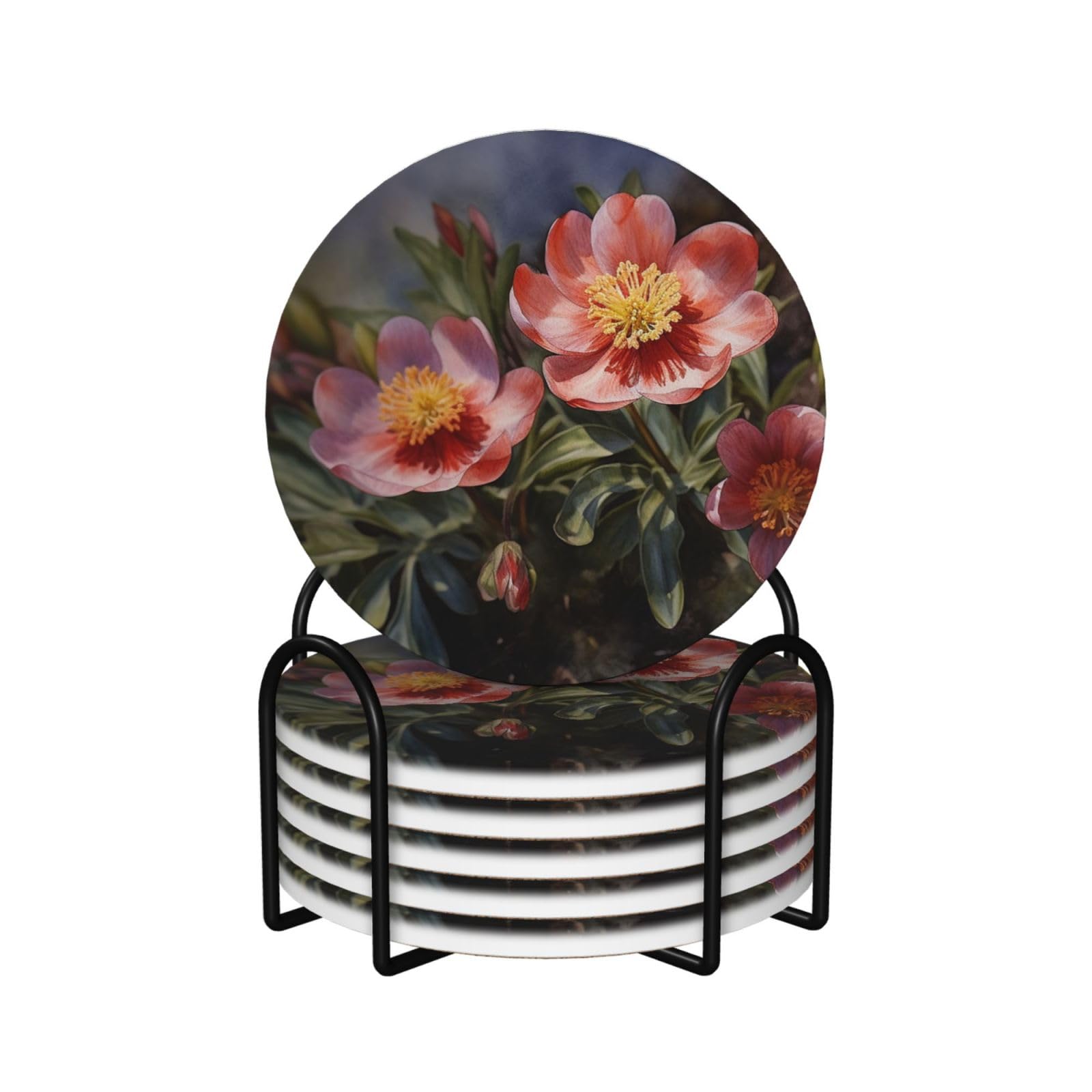 Dessous de verre en céramique lot de 6 ronds de 10,4 cm avec support