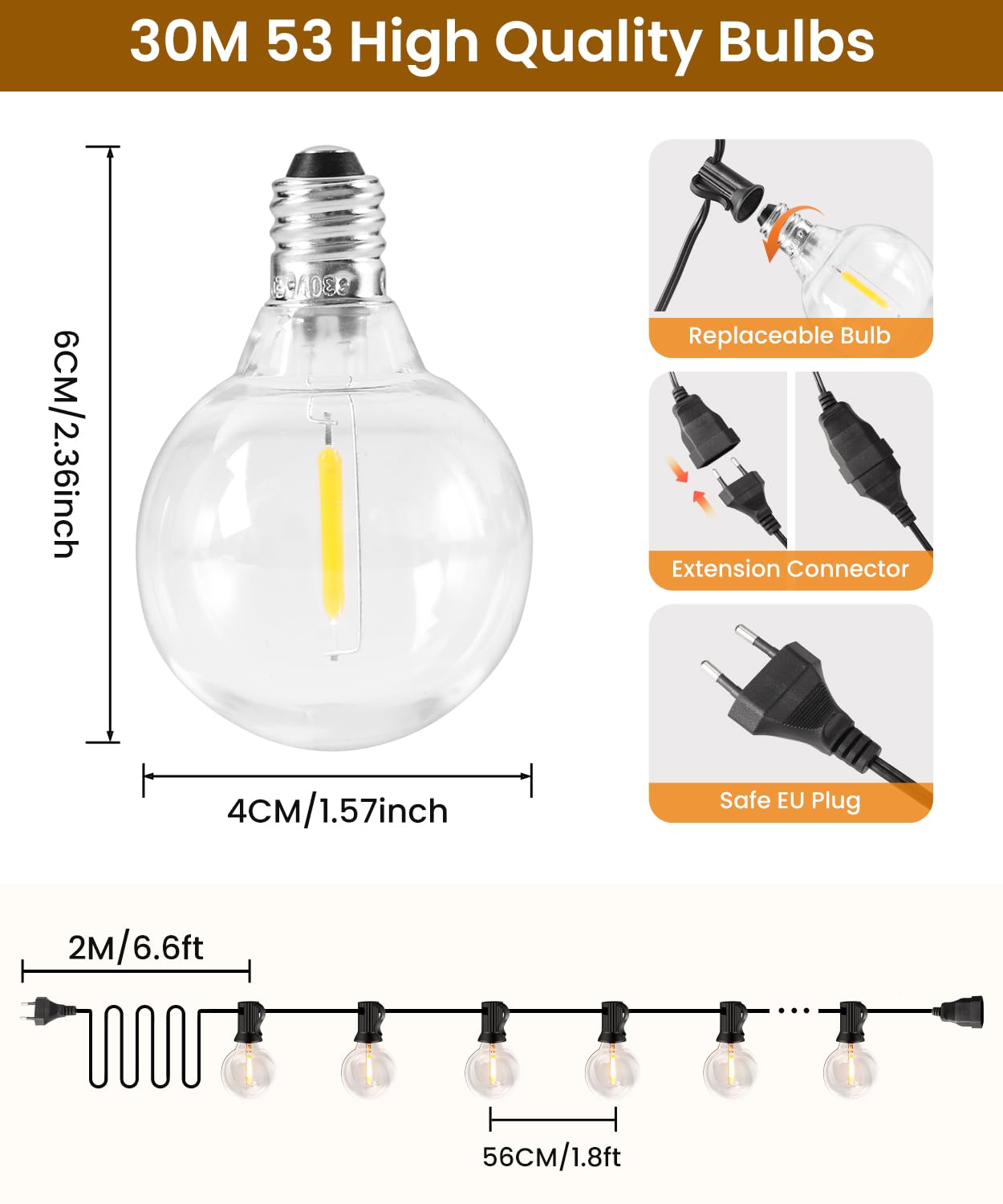Rintea Catena Luminosa Esterno,30M Luci da Esterno Giardino con 50+3 LED 0.6W Catene Lampadine 2700K Bianco Catena LED Luci da Esterno Impermeabile per Natale, Matrimonio, Festa, Giardino, Patio