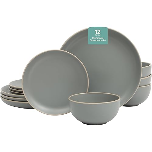 Gibson Home Rockaway 12-Piece Dinnerware Set Service for 4, Grey Matte -