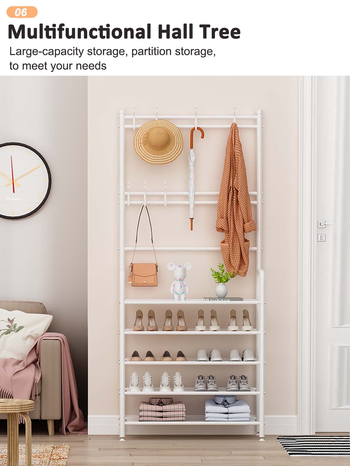 Hall Tree with 5Tier Shoe Shelf and 8 Adjustable Metal Hooks Coat Rack