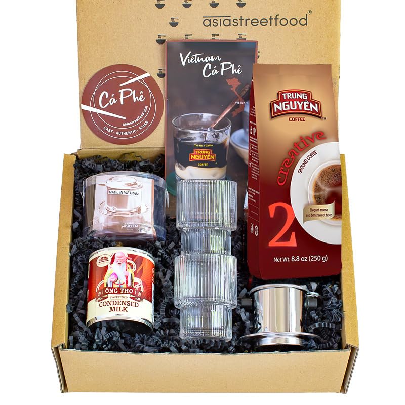 asiastreetfood Vietnam Kaffee Box mit Rezeptkarte 250g vietnamesischer Kaffee & gezuckerte Kondensmilch 2 Metallfilter & 2 Kaffeegläser von Trung Nguyen